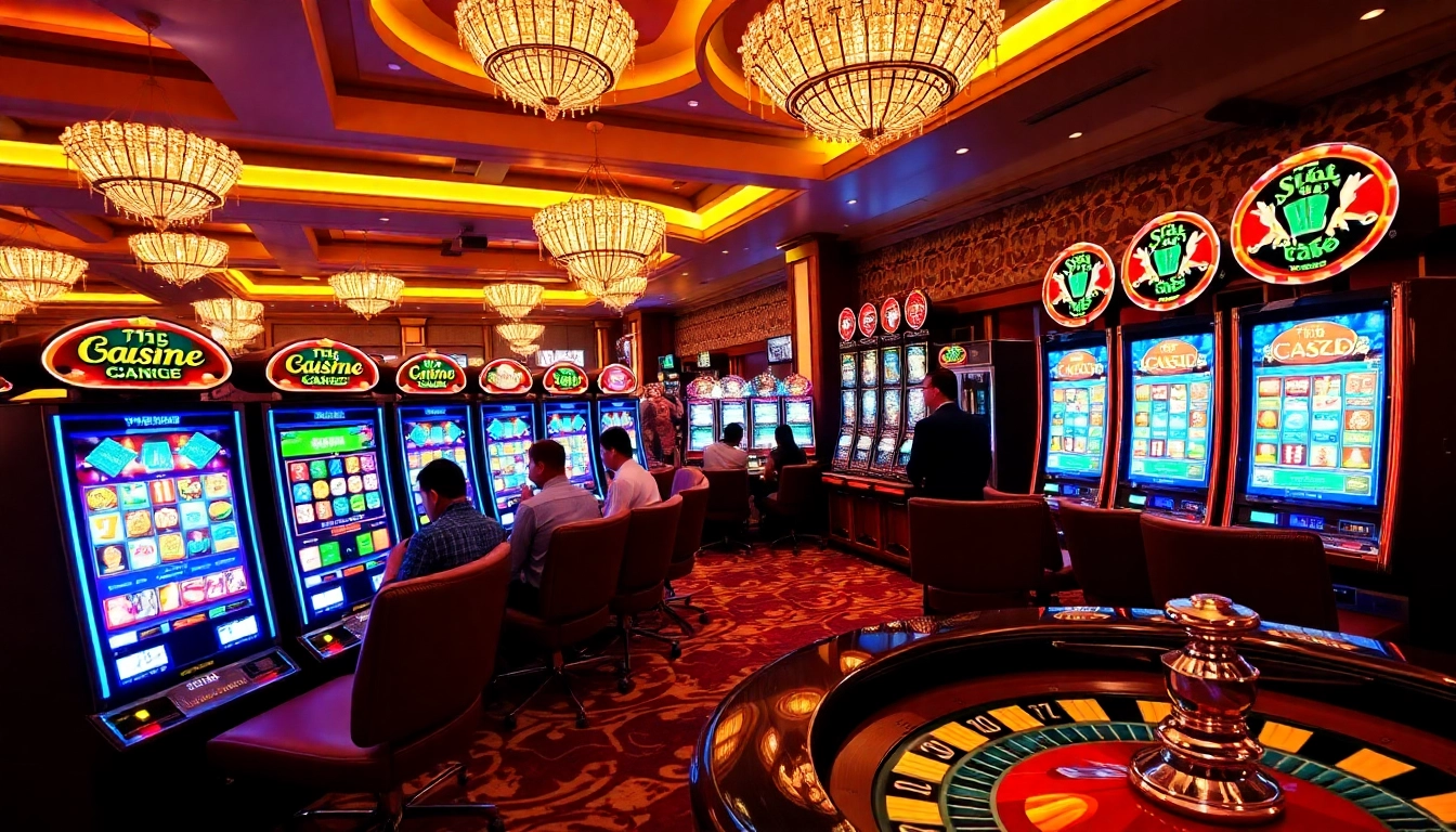 Excited players enjoying the thrill of Situs Slot Gacor at a vibrant casino.