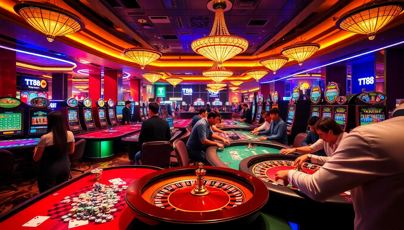 Experience the excitement of TT88 with gamblers at a vibrant casino table.