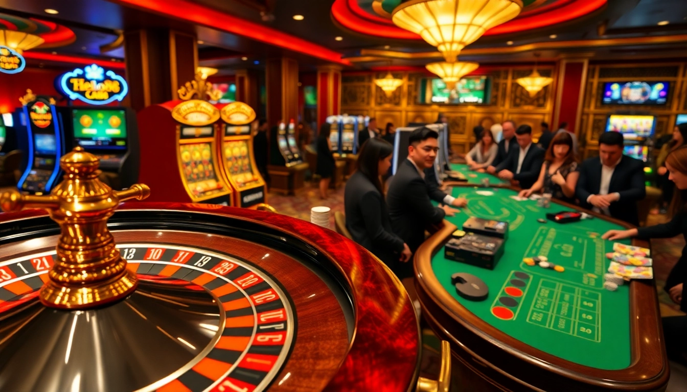 Hello88 gambling scene featuring roulette, poker tables, and vibrant slot machines in a luxurious casino.