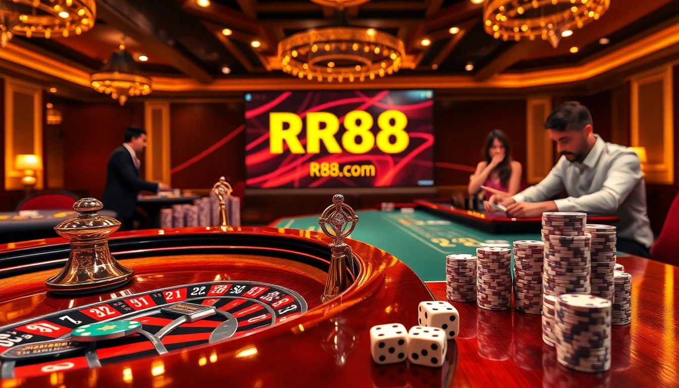 Experience excitement at RR88com's lavish casino with roulette, poker chips, and immersive gaming vibes.