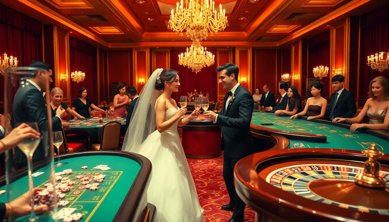 Exciting Hi88 wedding scene featuring elegant casino elements, guests playing poker and roulette.