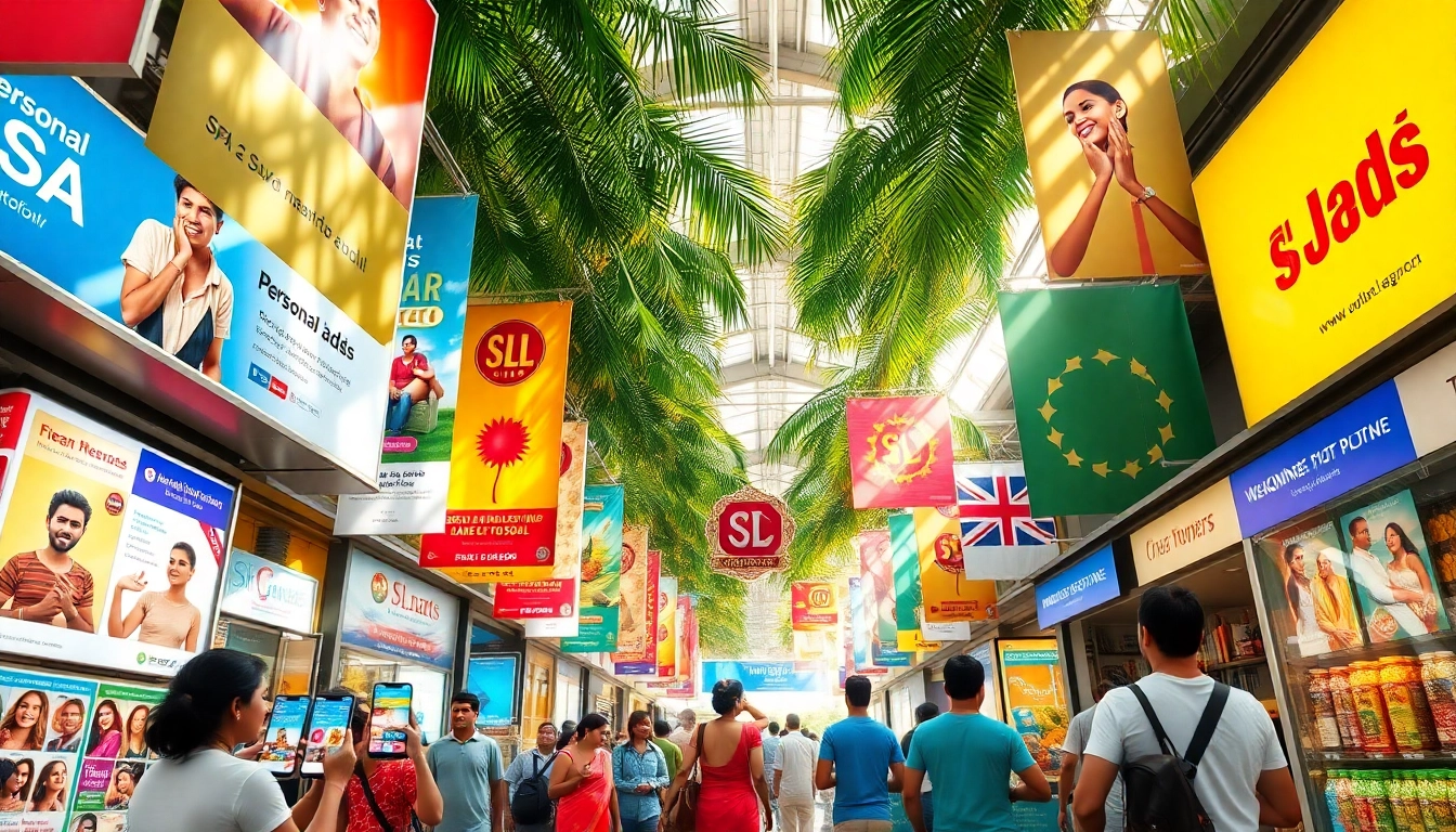 Engaging SL Ads marketplace scene with vibrant banners, showcasing personal and spa ads in Sri Lanka.