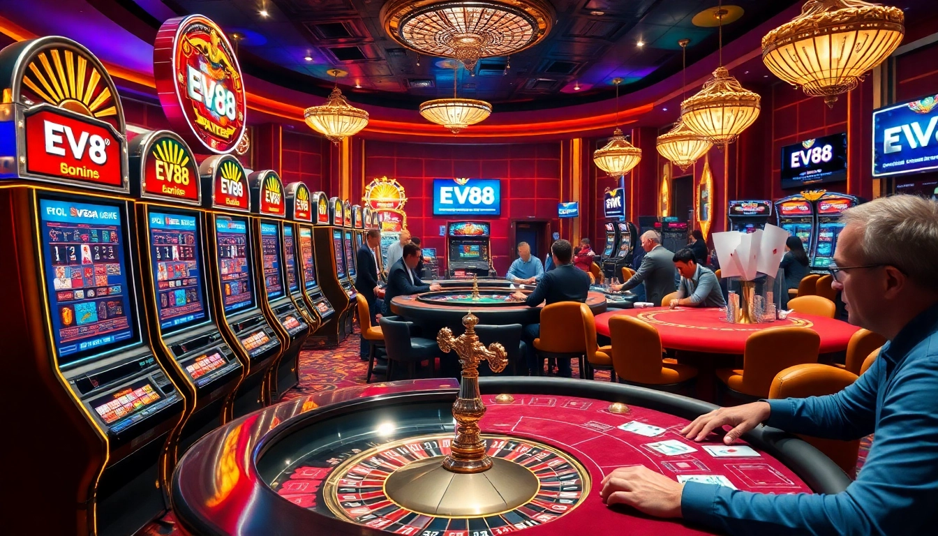 Experience thrilling gameplay at EV88's luxurious casino, featuring exciting slot machines and vibrant gaming tables.