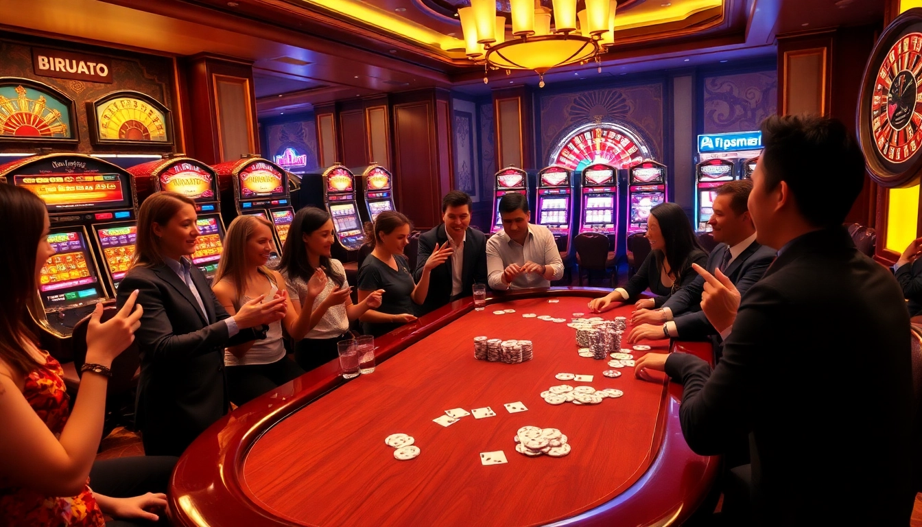Players enjoy a thrilling poker game at a luxurious casino featuring birutoto-themed decor.