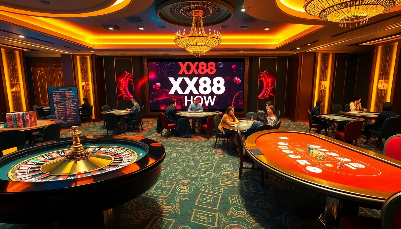 Experience the thrill of gambling with XX88 HOW in a luxurious casino environment featuring roulette and poker tables.