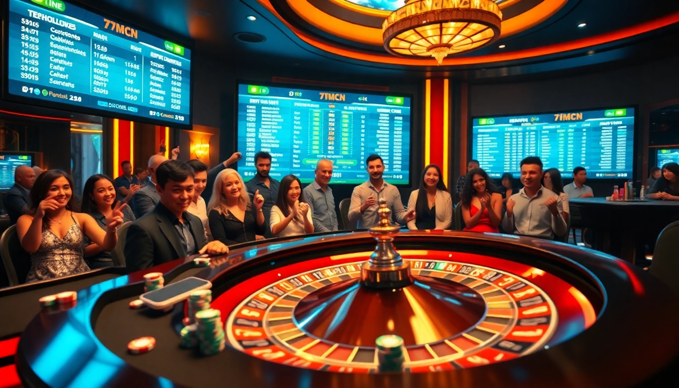 Engaging online gambling scene featuring 7mcn sports scores, casino tables, and vibrant betting action.
