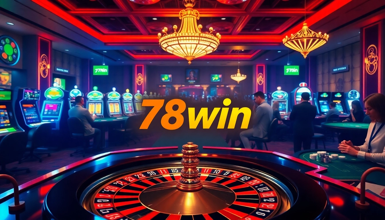 Feel the thrill of 78win as players engage with a vibrant online casino scene, featuring roulette and slot machines.