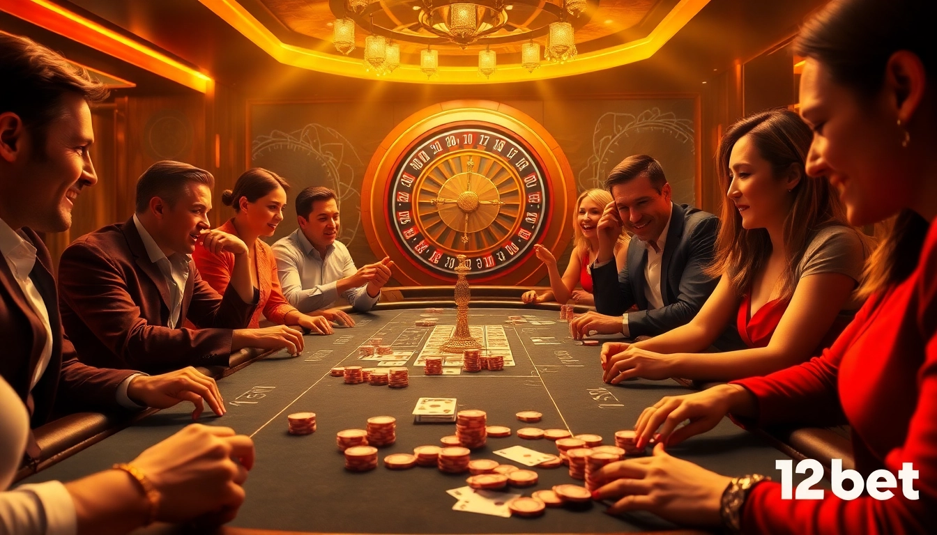 Players enjoying a thrilling card game at a 12bet casino table, highlighted by vibrant poker chips and glowing roulette wheel.