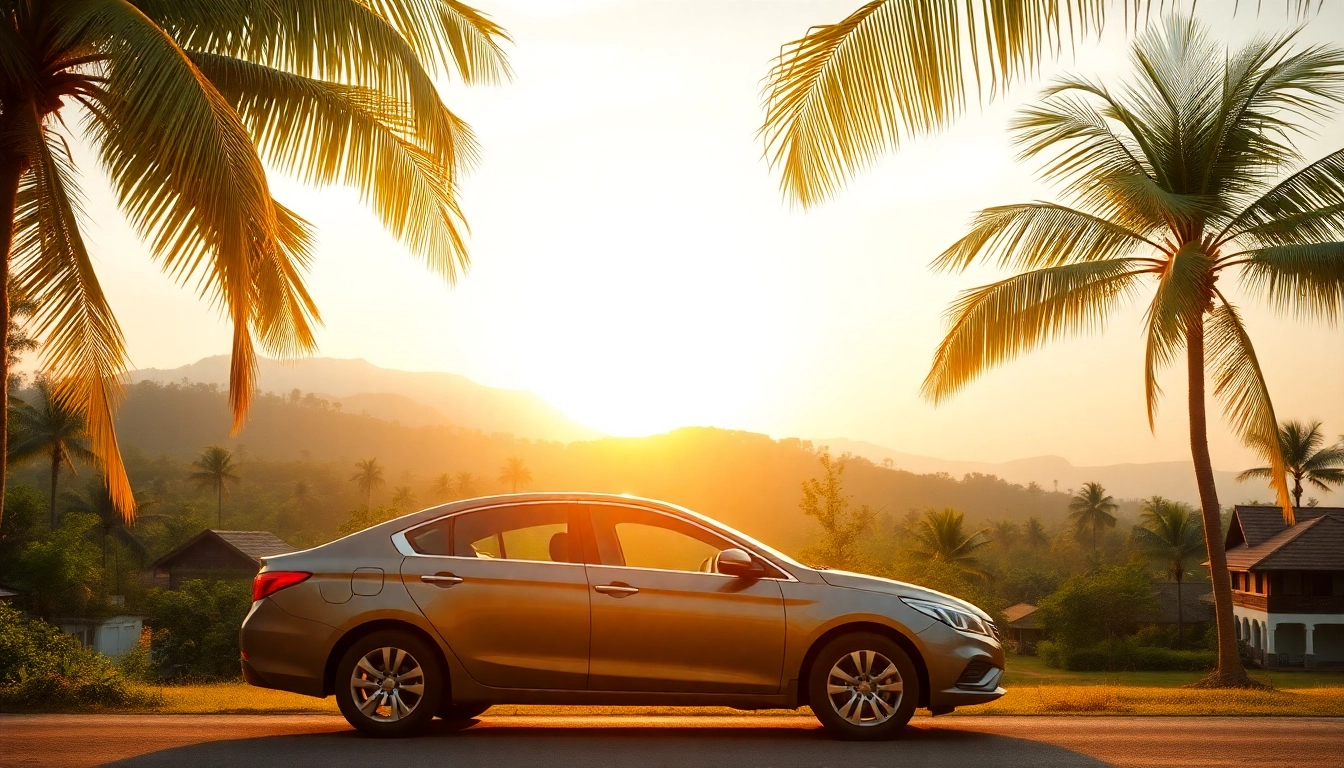 Car rental in Kuching Sarawak with a modern sedan in a scenic tropical landscape.