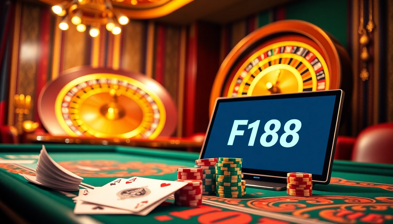 Experience the thrill of gaming with the link F168 displayed on an elegant casino interface, featuring vibrant poker chips and cards.