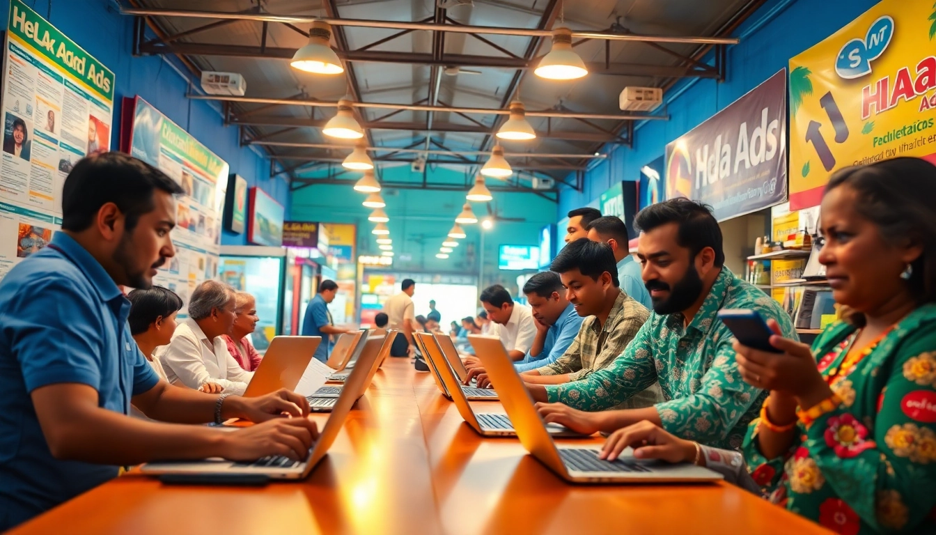 Engaging scene of users interacting with Hela Ads in a lively Sri Lankan marketplace.