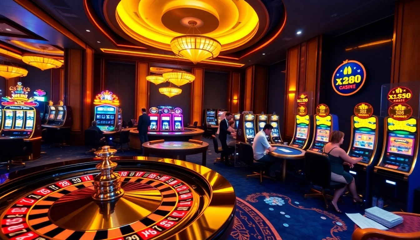 Experience luxury gaming at https://xx88.promo/, showcasing roulette and slot machines in a vibrant casino.
