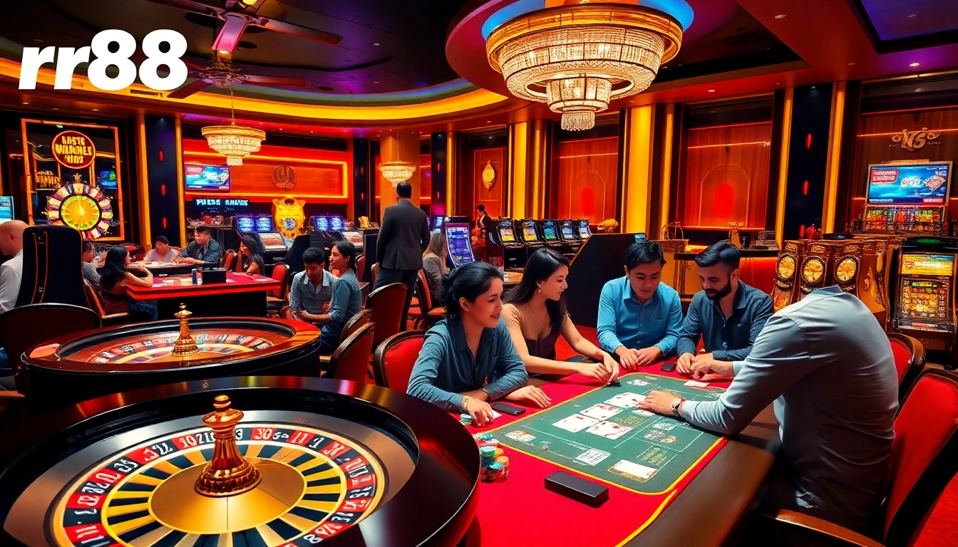 Experience high-stakes gaming at rr88, featuring poker tables and vibrant slot machines.