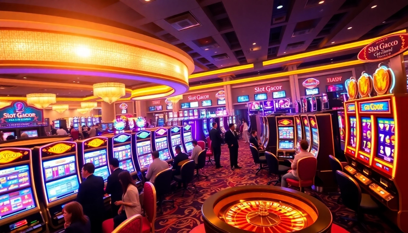 Engaged players enjoying Slot Gacor at a vibrant casino with dazzling slot machines.