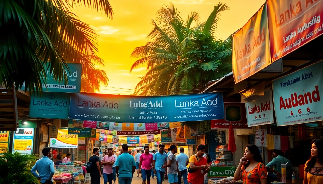 Lanka Add vibrant marketplace scene showcasing colorful ads and interactions.
