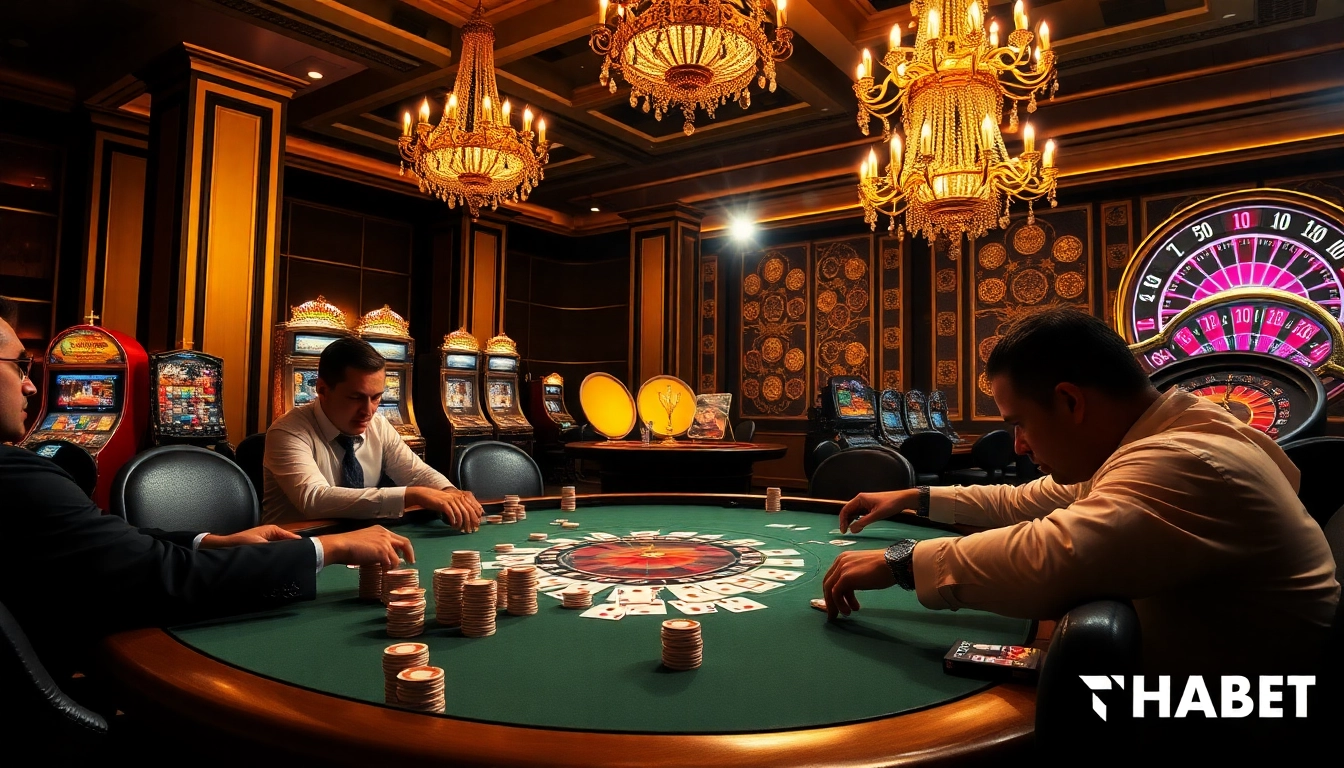 Engaging scene of a luxurious poker table at THABET casino, showcasing professional players and high-stakes action.