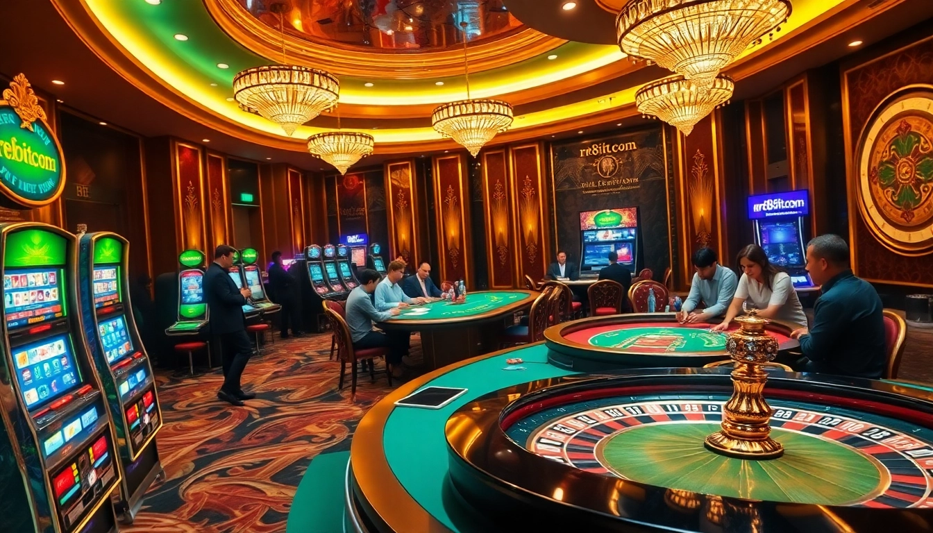 Experience excitement at rr88itcom with a vibrant casino scene featuring tables, chips, and slot machines.