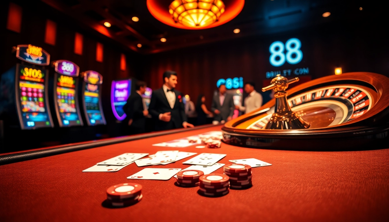 Players enjoy their thrilling experience with 88i at a luxurious casino table, showcasing poker chips and cards.