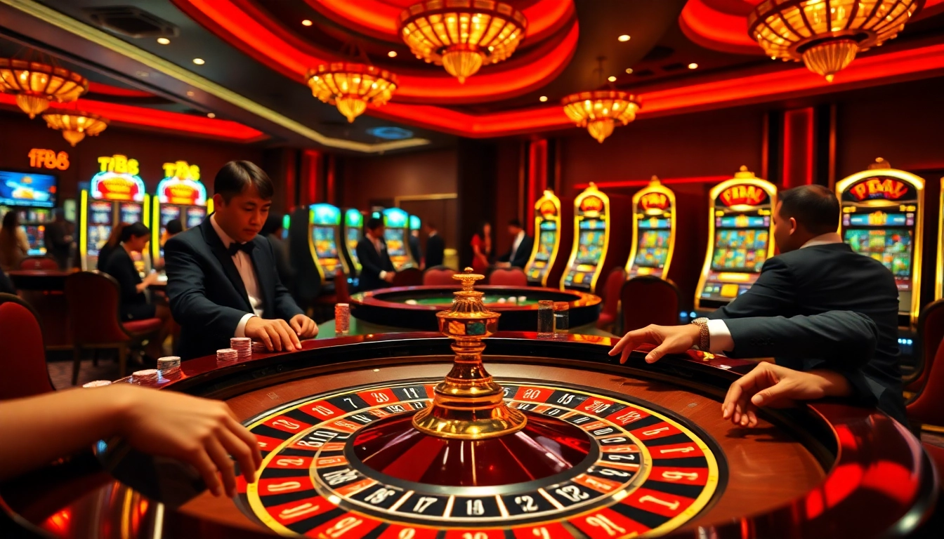 Experience the thrill of fb88 with players engaging at a luxurious roulette table in a vibrant casino setting.