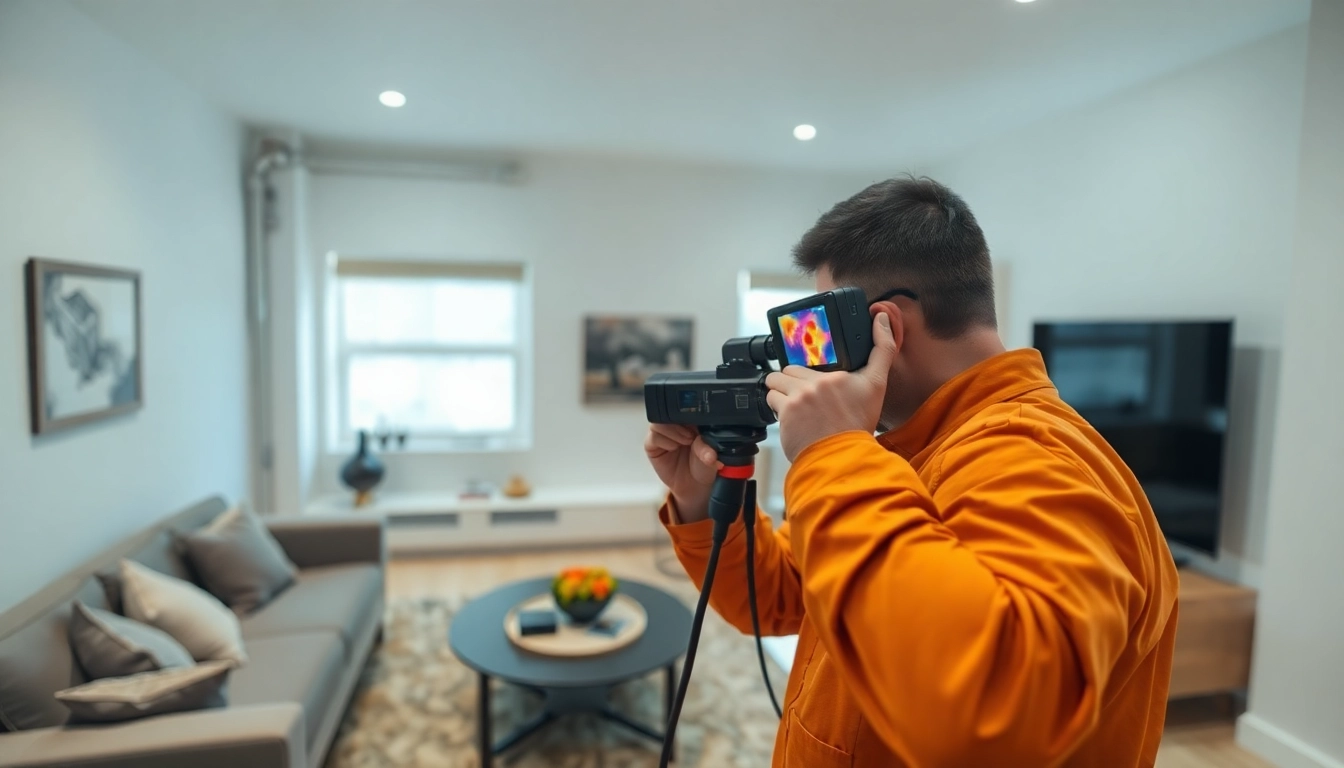 Central heating leak detection using advanced thermal imaging technology by a technician in a modern home.