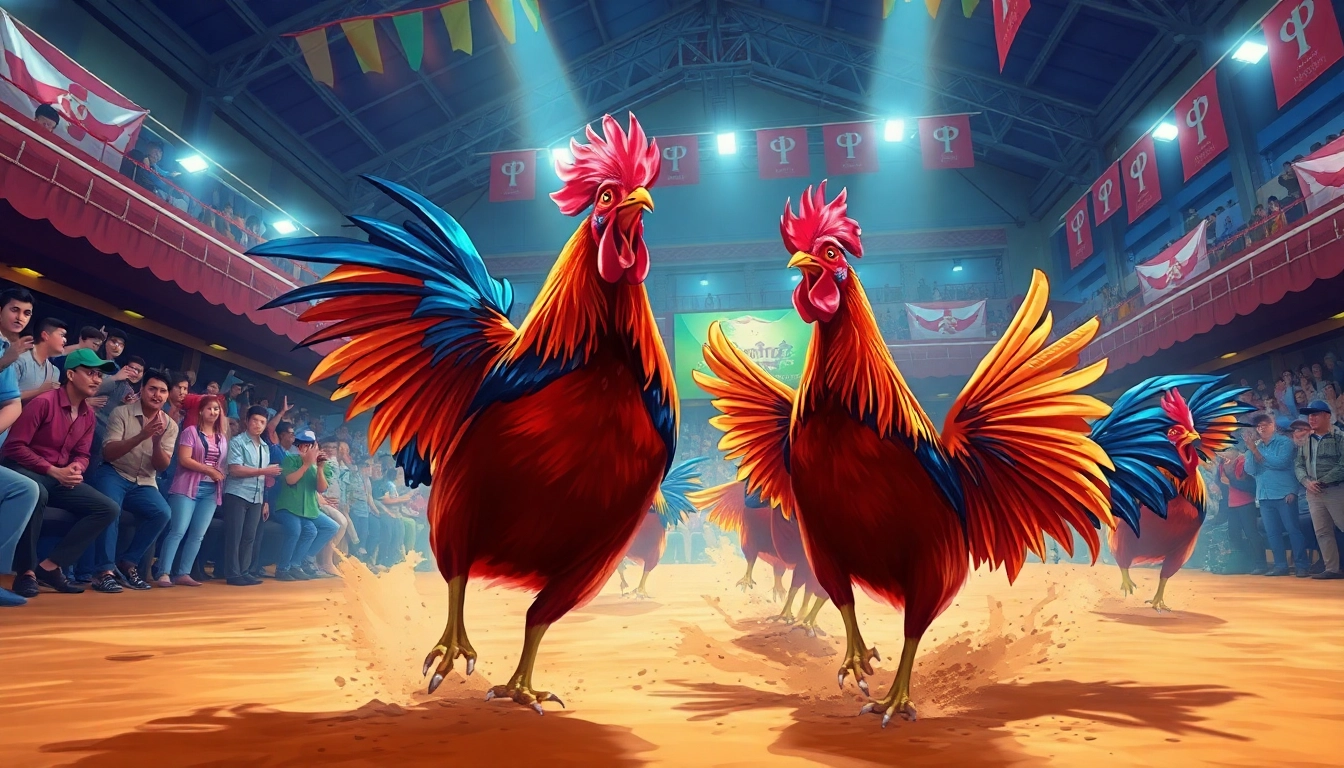 Thrilling cockfighting scene capturing the excitement of sv368win.live, with vibrant roosters and cheering spectators.