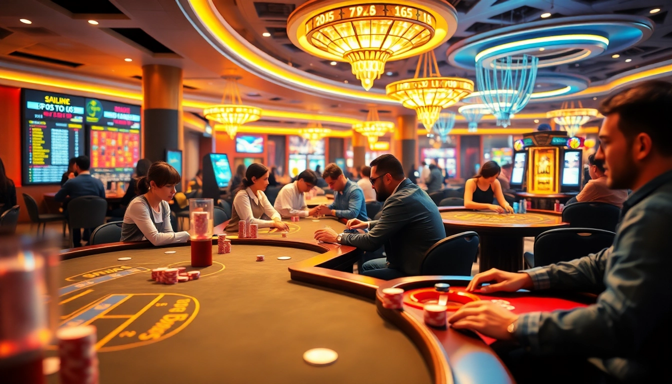 Exciting online gambling atmosphere at luck8win.live with vibrant casino games, players, and digital screens.