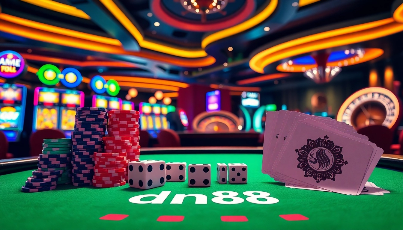 Experience the thrill of Game dn88 at a luxurious casino table filled with vibrant poker chips and cards.