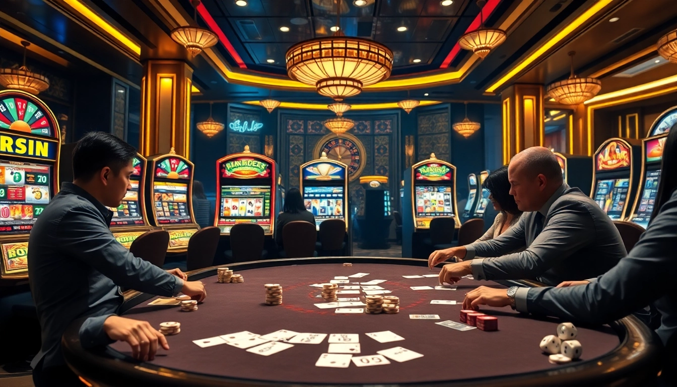 Experience the thrill of vipwin97 at an opulent casino, showcasing exciting poker games and vibrant slot machines.