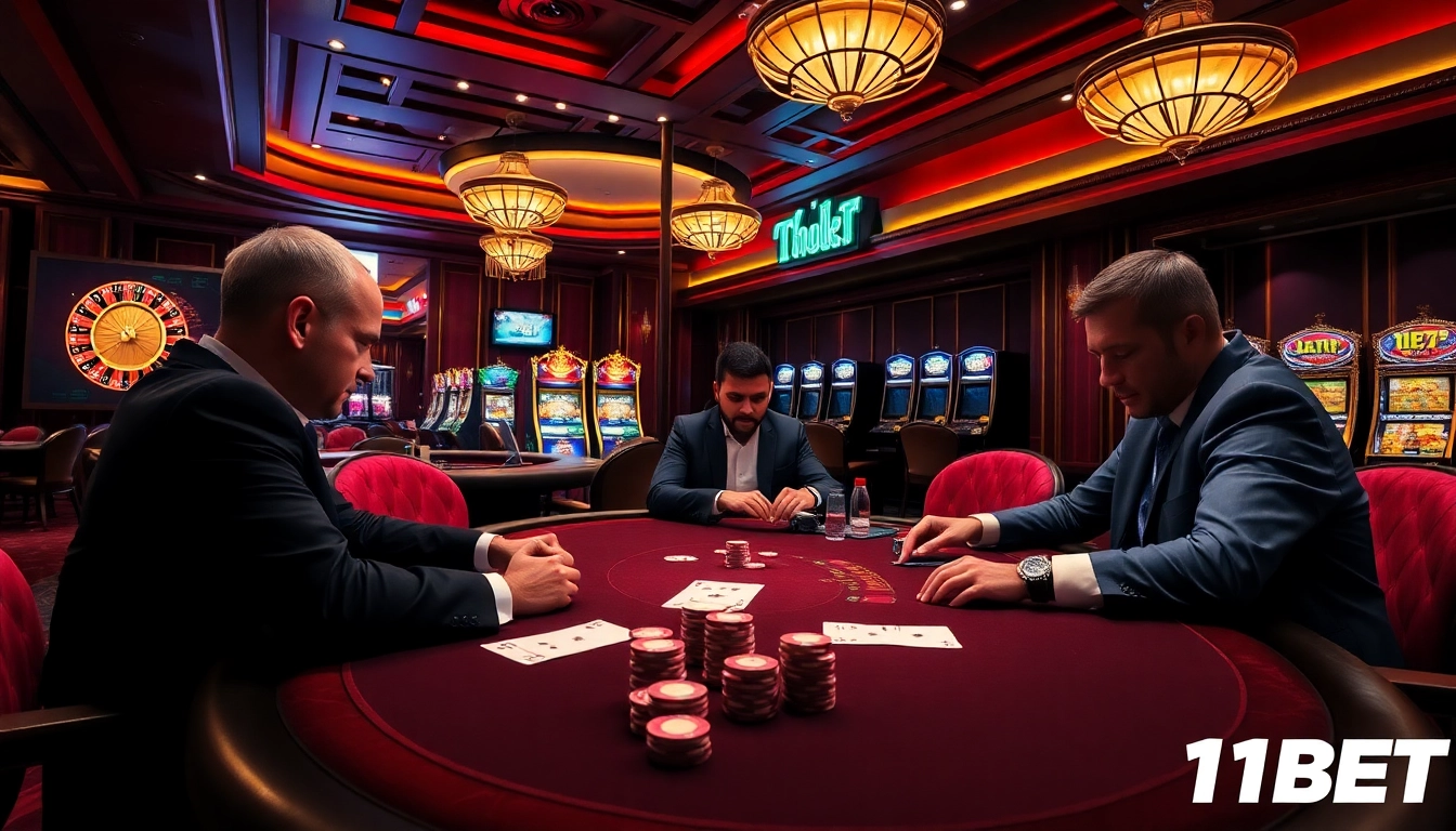 Engage with the excitement of Link vào 11BET at a high-stakes poker table with vibrant casino elements.