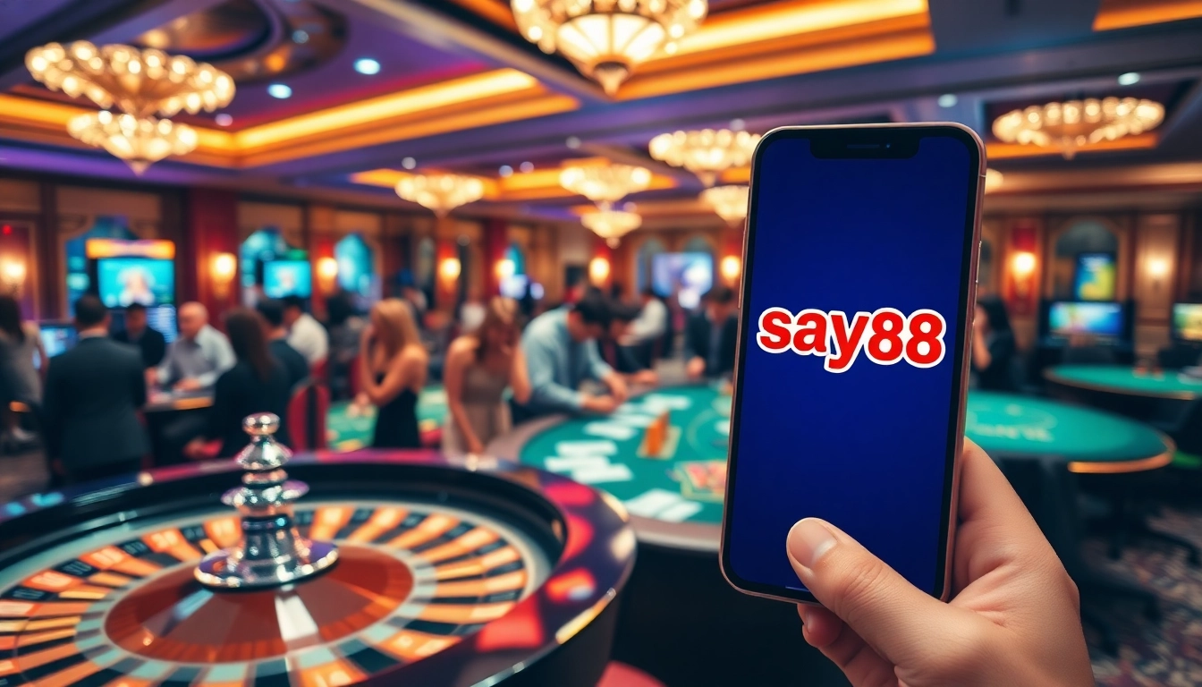 Engaging gamblers enjoying an exhilarating experience at say88 casino with poker chips and a roulette wheel.