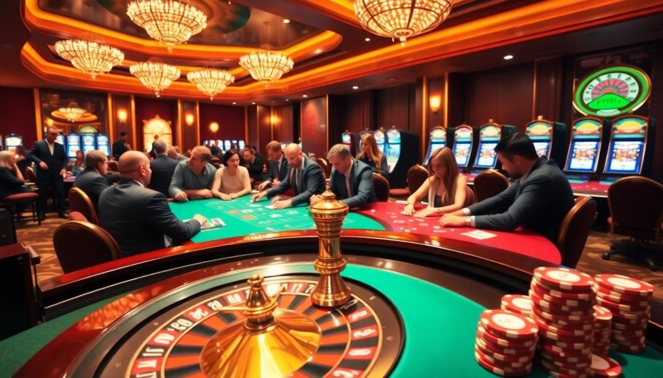 Exciting casino gaming scene at https://98win.gg/ featuring roulette and poker players.