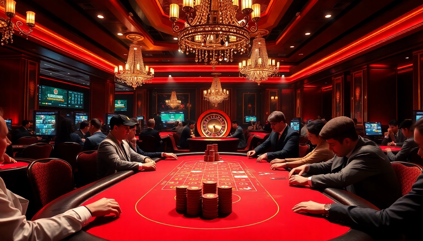 Action-packed scene at trang chủ kjc, featuring poker players, vibrant casino atmosphere, and luxury elements.