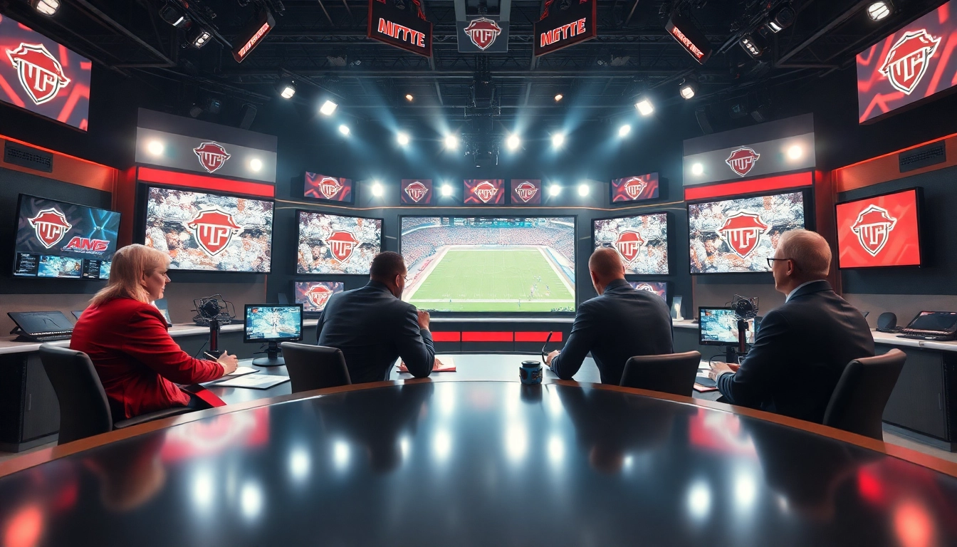 Engaging live discussion in sports broadcasting studio with dynamic visuals.