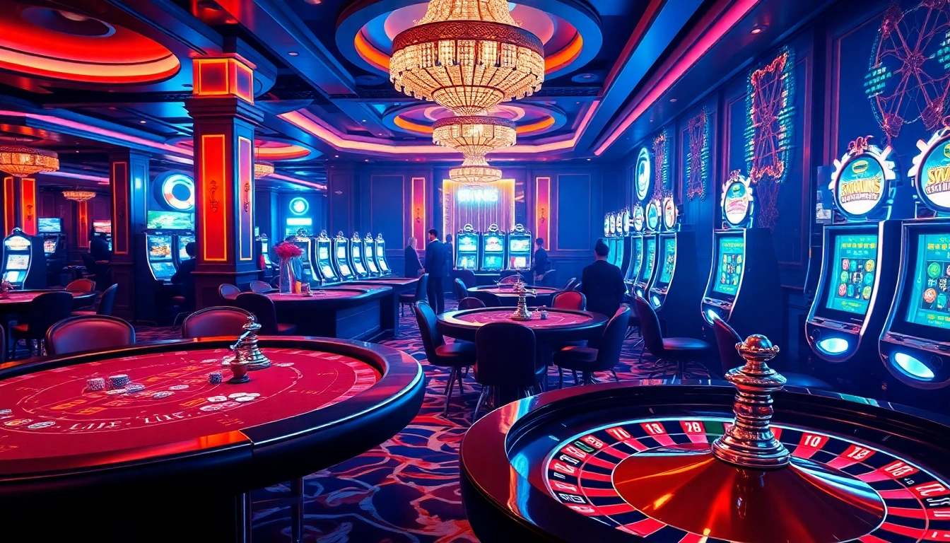 A vibrant casino scene featuring poker and roulette games, highlighting 69vn.gb.net's exciting online gambling experience.