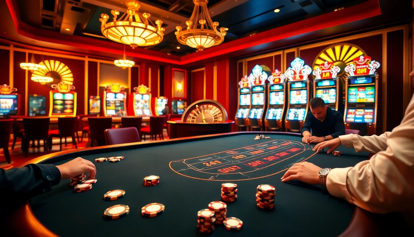 Experience a thrilling game at five88 casino, showcasing blackjack, poker chips, and vibrant slot machines.