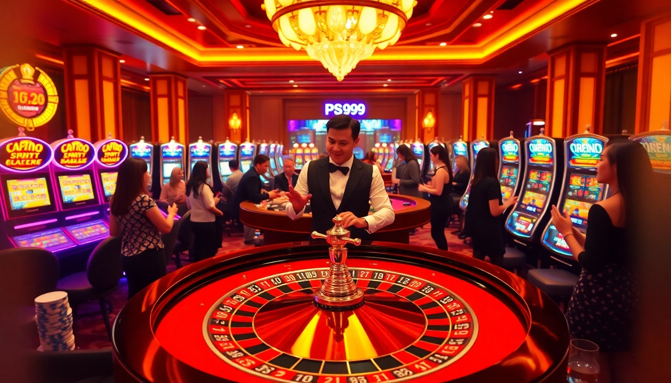Experience thrilling wins at PS99 with a vibrant casino scene featuring roulette and slot machines.