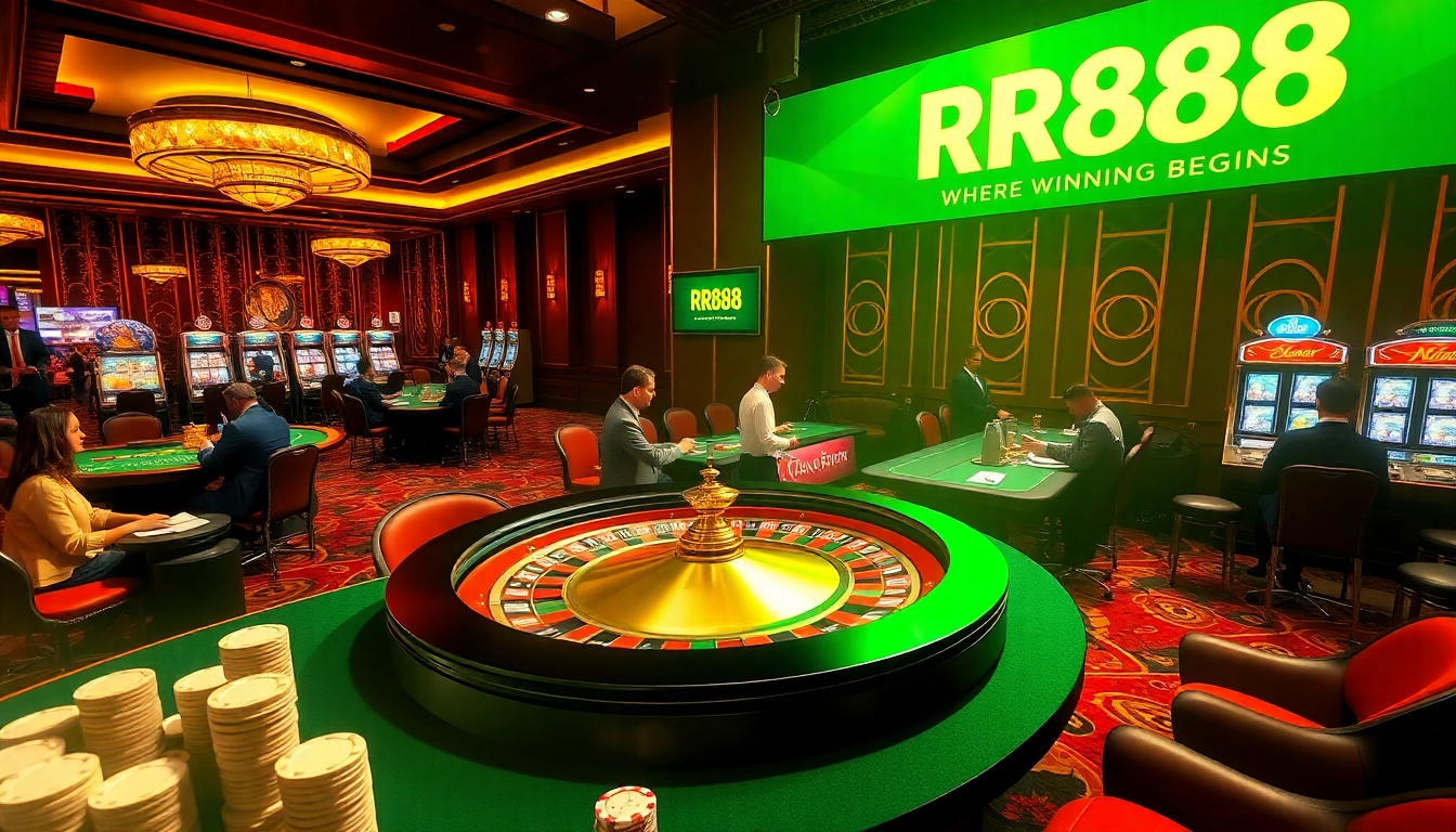 Experience the thrill of gambling at RR88 with vibrant casino visuals featuring roulette, poker, and excitement.