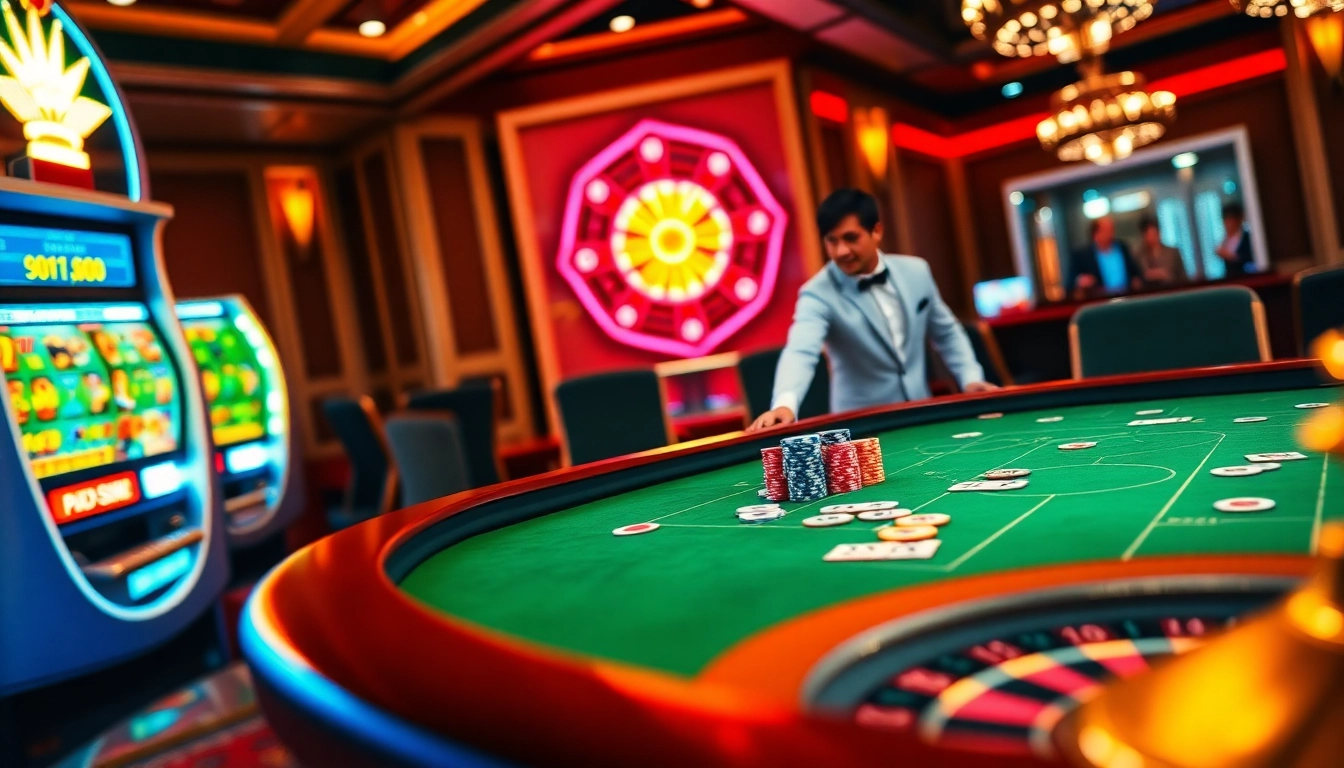 Experience thrilling poker action and colorful gaming at https://fly88.ad/ casino scene with vibrant tables and dealers.