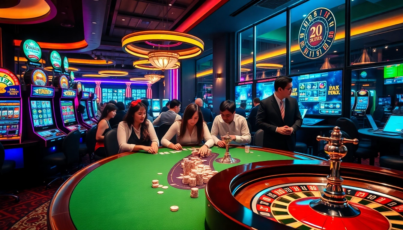 Gamblers actively engaging with a luxury casino environment while discussing insights from https://rikvip1.online/tac-gia/.
