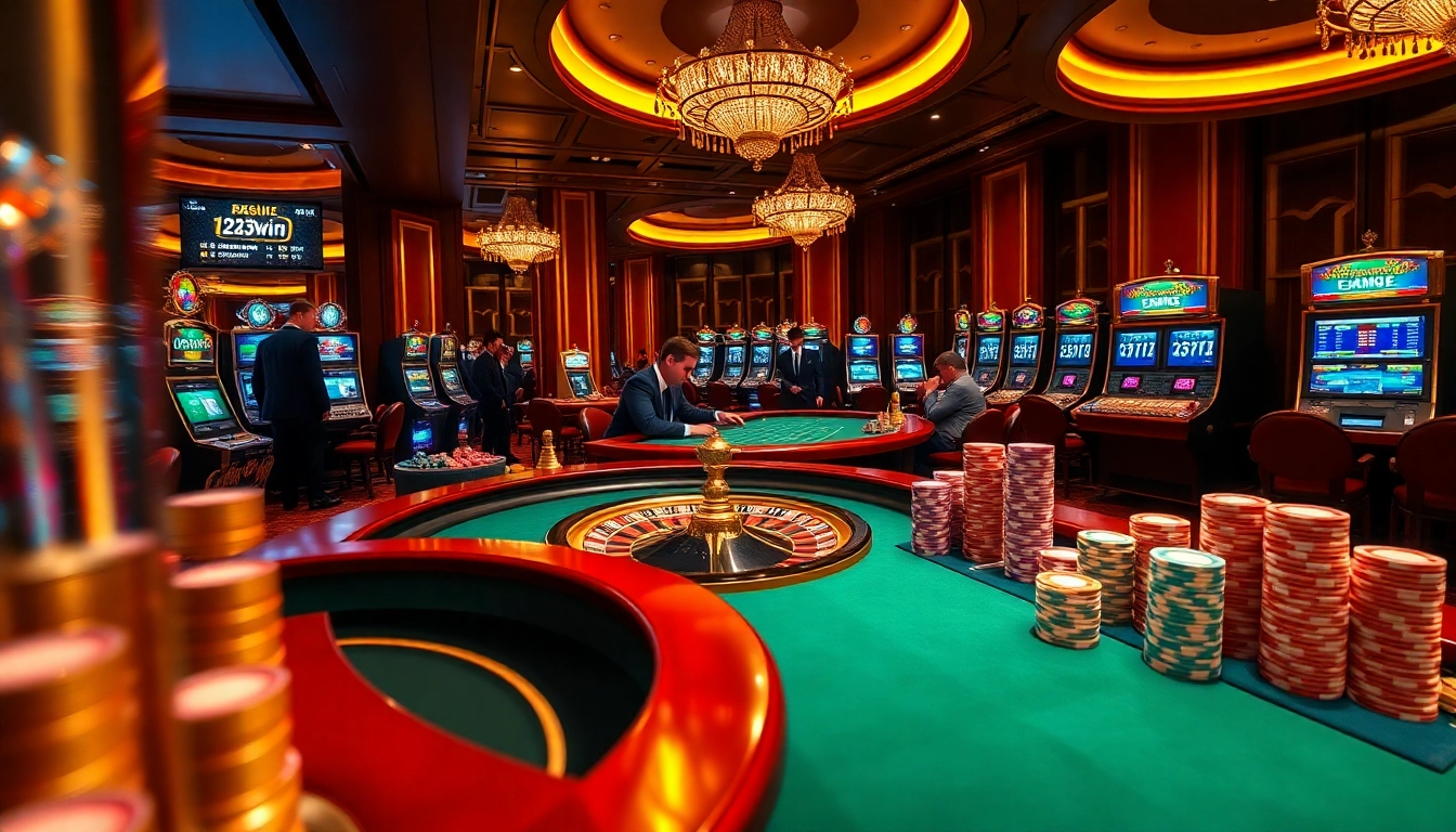 Experience the thrill of 123win vn with a vibrant casino atmosphere showcasing poker chips and roulette.