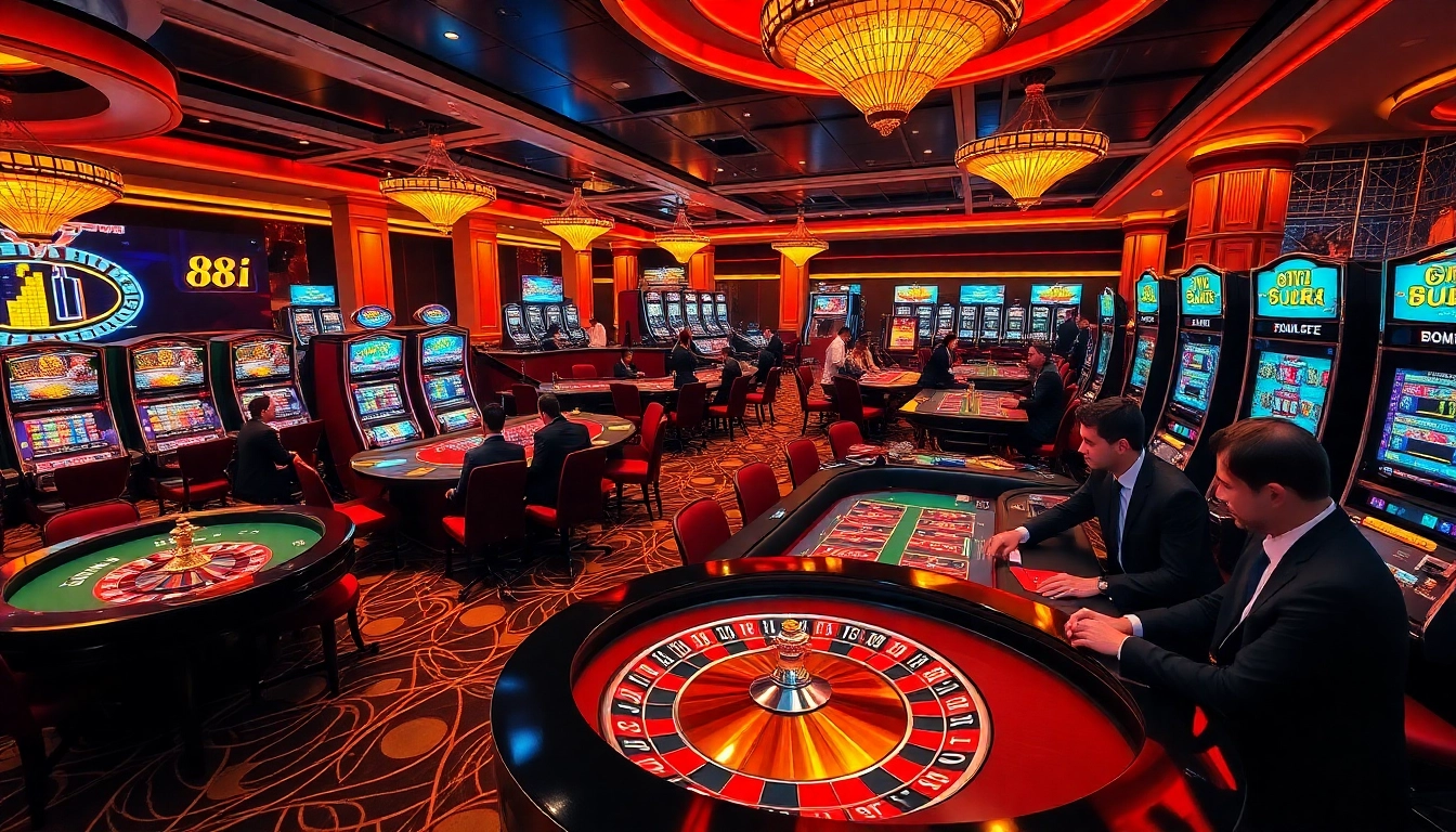 Exciting casino scene featuring 88i logo on poker tables and vibrant slot machines.