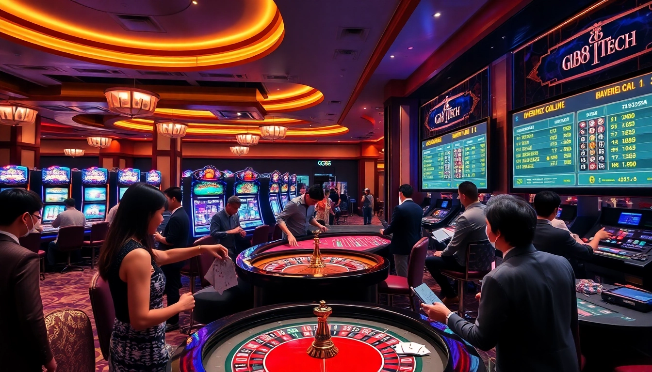 Exciting gaming scene at GG88 Tech casino showcasing vibrant slot machines and live dealers.