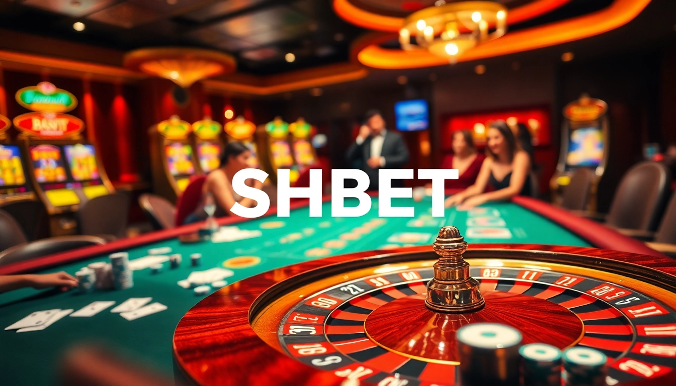 SHBET features an exciting casino scene with vibrant gaming elements and thrilling poker action.