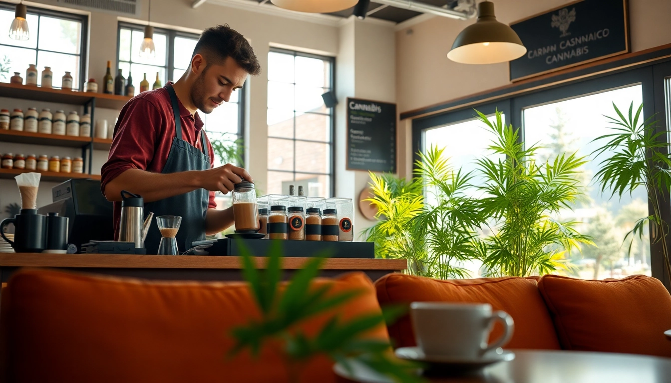 Cannabis Coffee Shop lloret de mar con un barista preparando café en un ambiente acogedor.