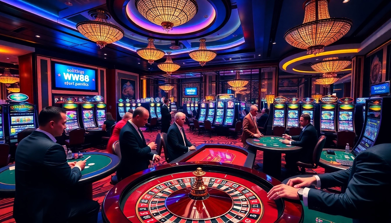 Players enjoying a premium gaming experience at WW88, featuring roulette and poker tables.
