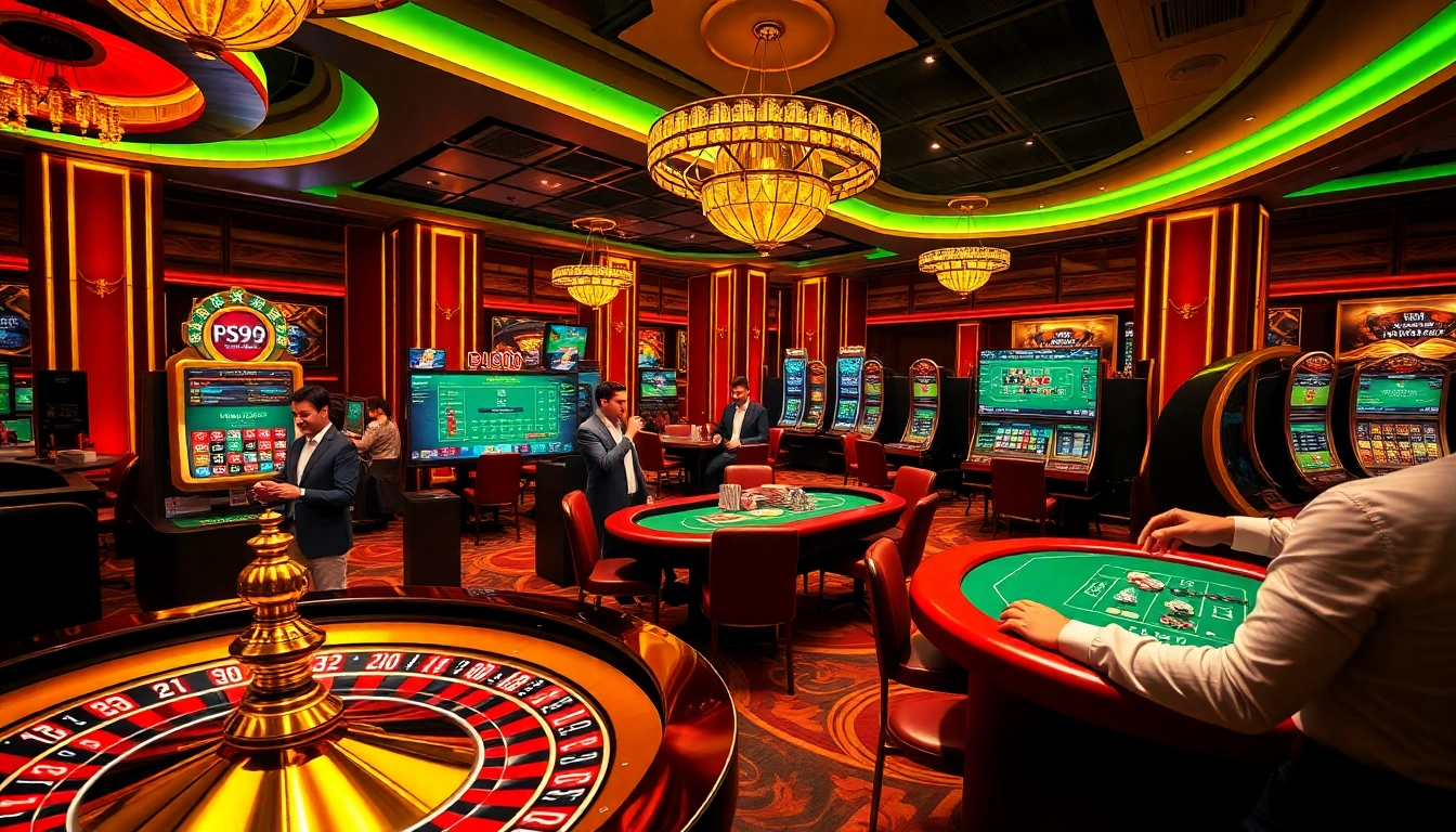 Engage in thrilling gambling experiences at PS99 COM with casino tables and vibrant slot machines.