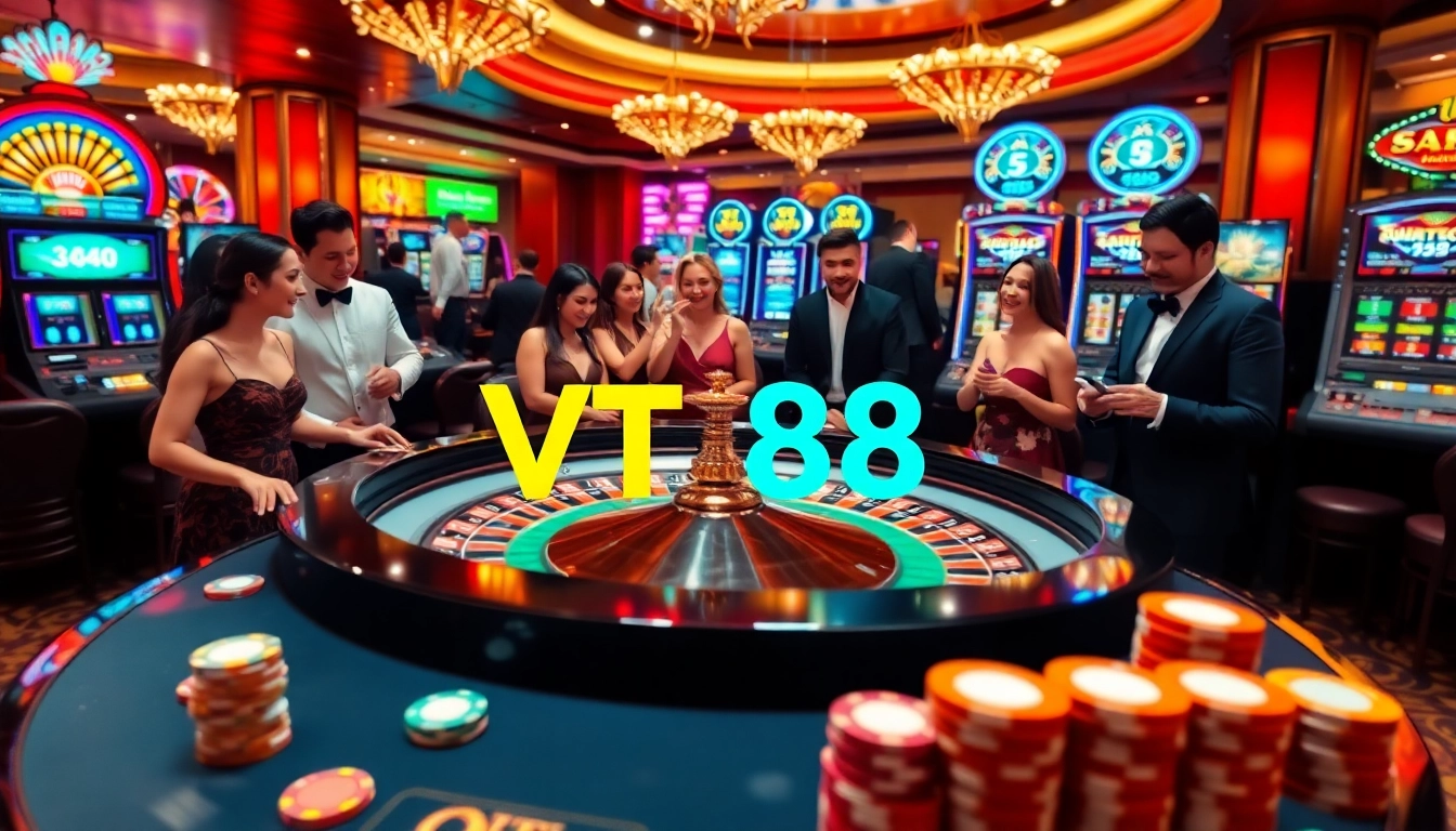 Sophisticated casino scene showcasing the thrill of VT 88 gambling, featuring dice, poker chips, and vibrant roulette.
