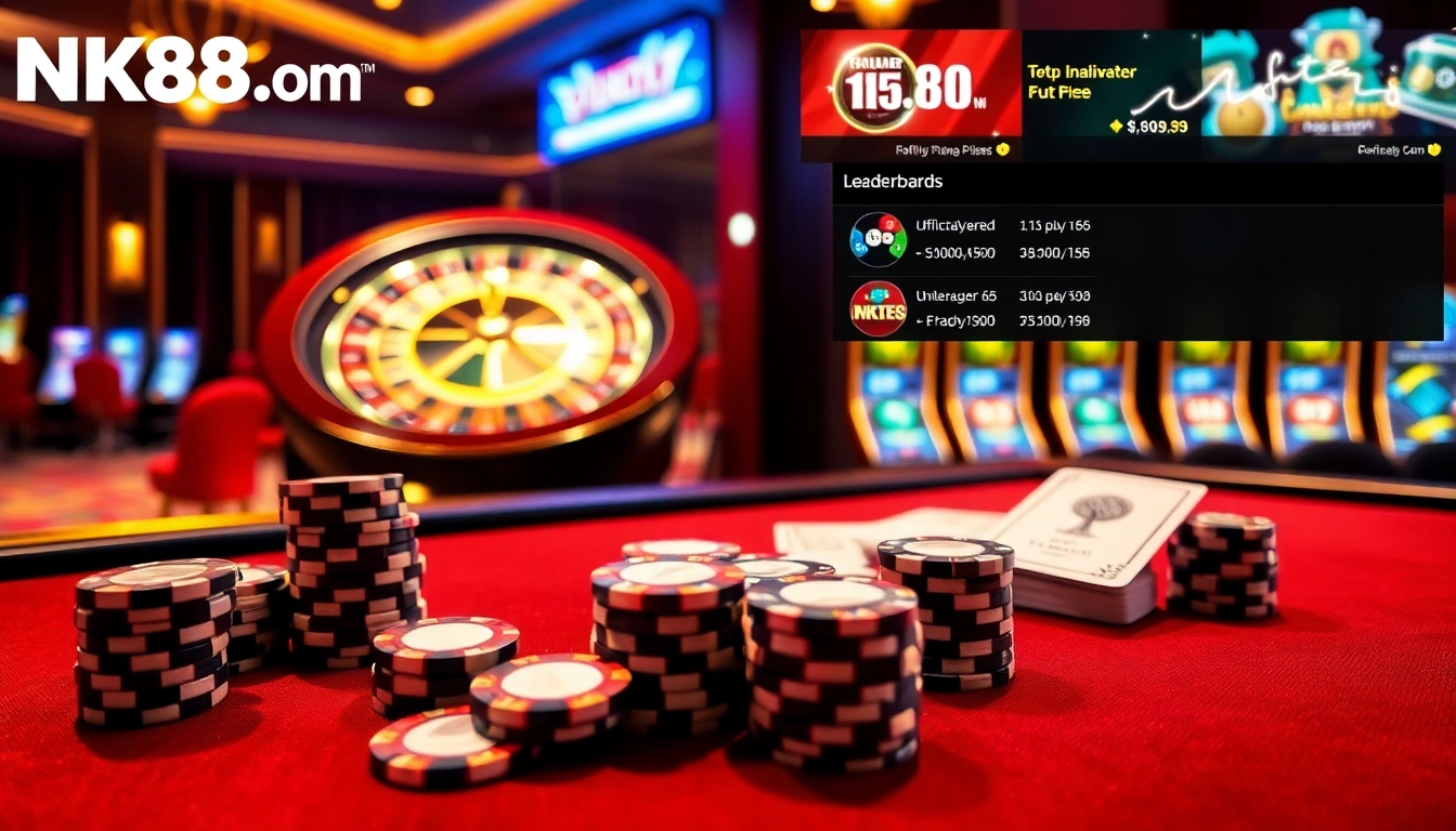 A vibrant casino scene showcasing poker gameplay and slot machines linked to NK88.com for enhanced player experience.