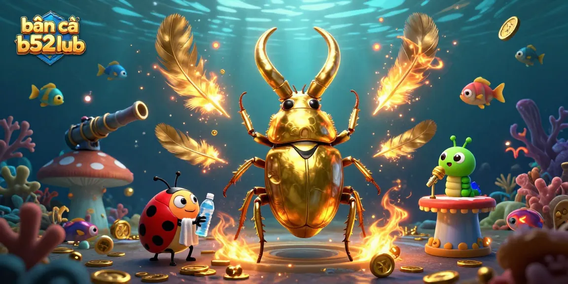 Bắn cá b52 club offers thrilling underwater action with a giant golden stag beetle and friends representing exciting gameplay.