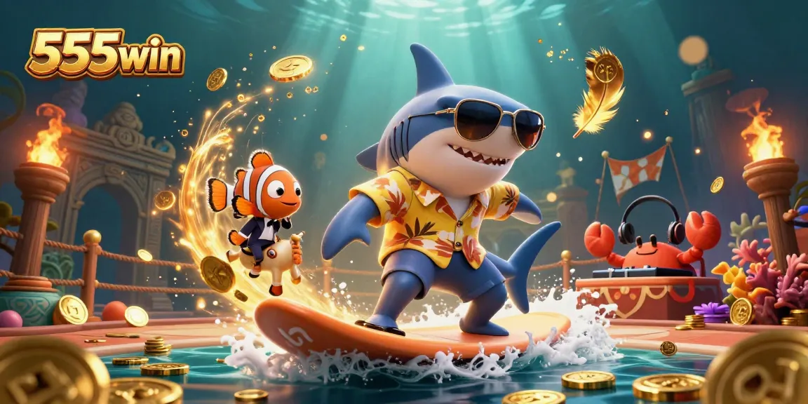 Engage with 555win as a hammerhead shark surfs gold coins alongside a clownfish and DJ crab in a vibrant underwater scene.